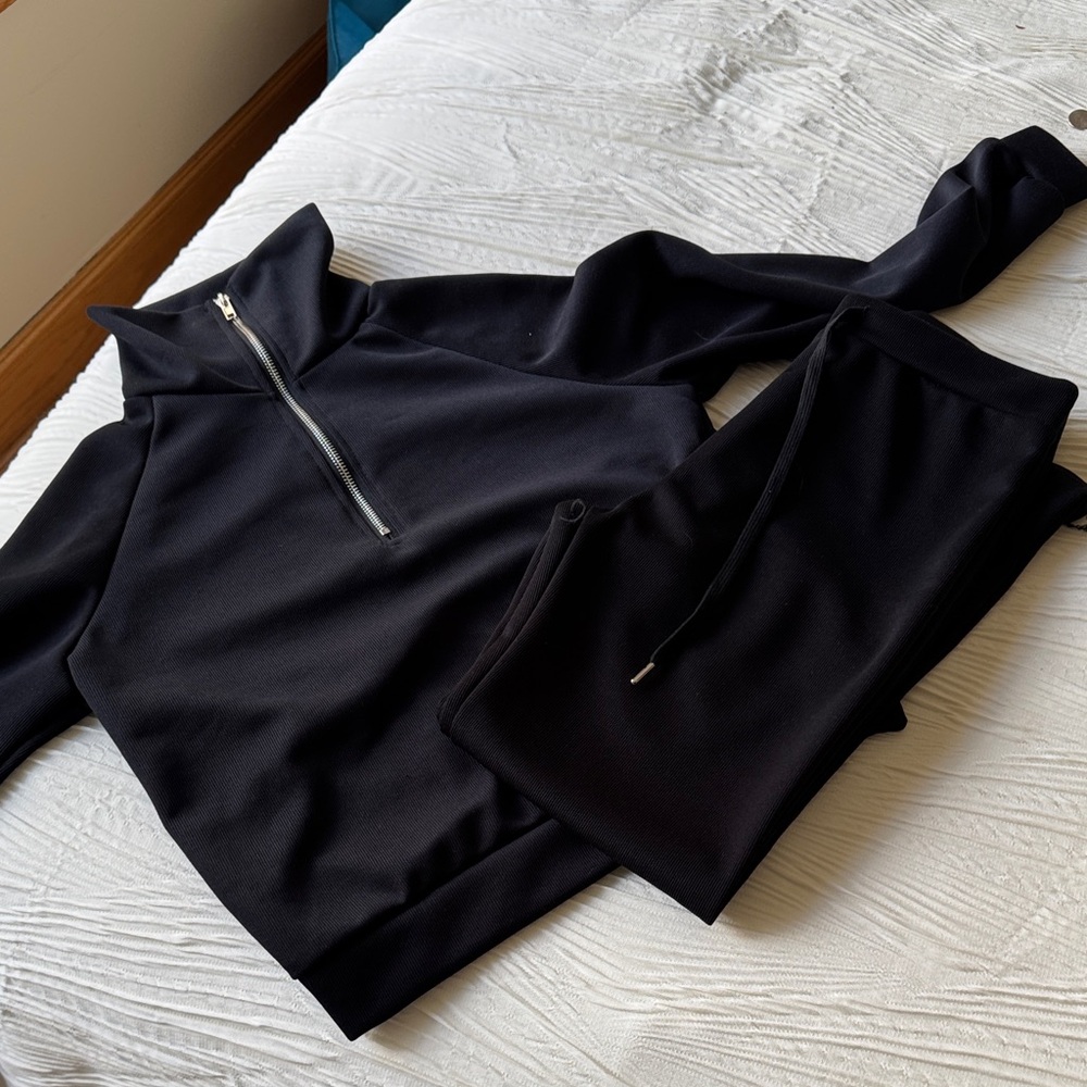 Black Zip-Up Tracksuit Set